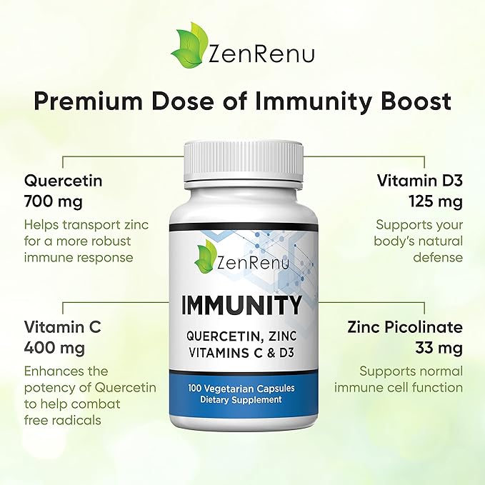 Zenrenu Immunity Quercetin 700 mg Zinc Vitamin C Vitamin D Immune Support Supplement with Curcumin - Easy to Absorb Immunity Supplement, 100 Vegetarian Capsules 50 Day Supply