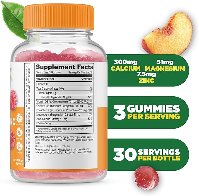 Lifeable Calcium Magnesium Zinc with Vitamin D3 Gummies | Great Tasting Calcium Magnesium Zinc D3 Supplement | for Tooth and Bone Health | Calcium Gummies for Adults | 90 Gummies