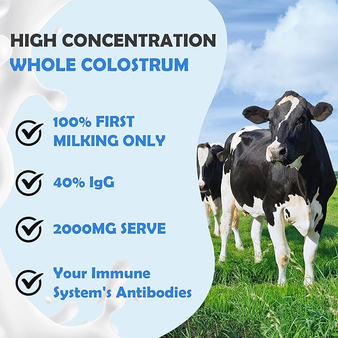 Colostrum Supplement for Gut Health, Hair Growth, Beauty and Immune Support | Rich IgG Pure Bovine Colostrum for Humans | Gluten Free, Made in USA, Unflavored