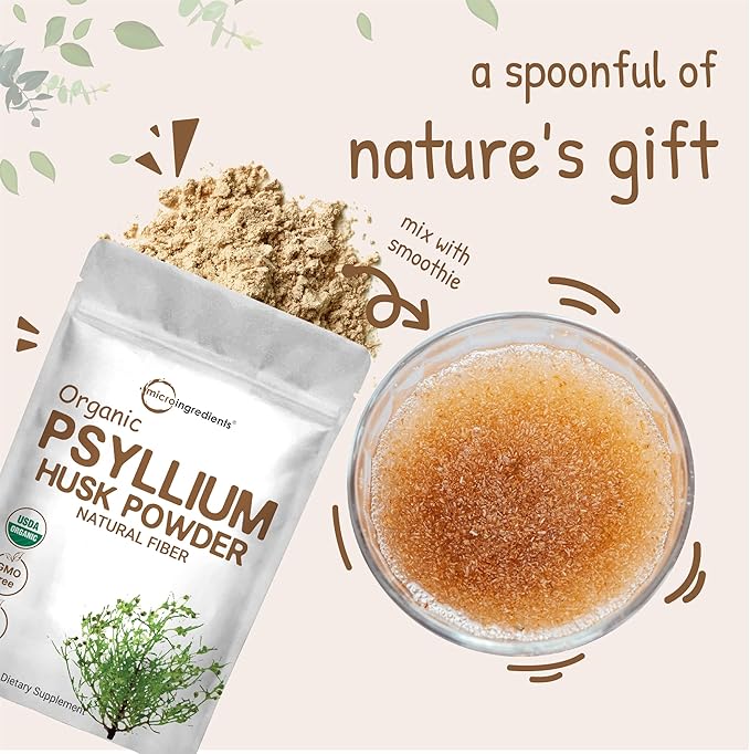 Organic Psyllium Husk Powder, 2 Pounds (32Oz) - Unflavored - Soluble Fiber Supplement for Baking, Smoothie and Beverage, India Origin, Keto Diet, Gluten Free, No GMOs, and Vegan Friendly