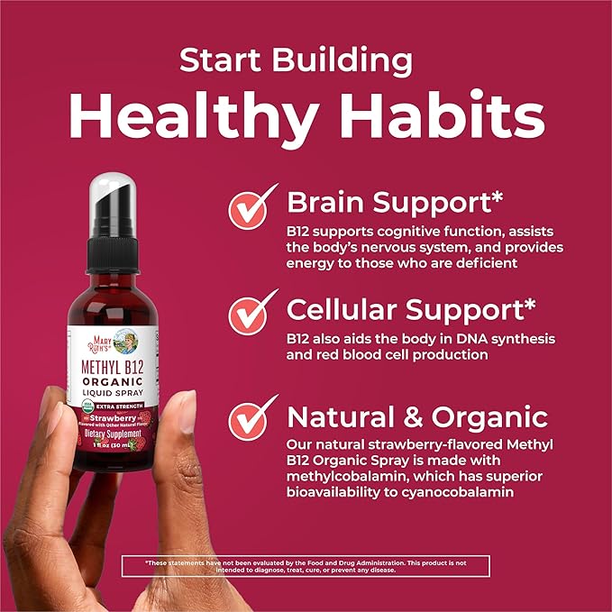 MaryRuth Organics Vitamin B12 Liquid Spray | Vegan, Non-GMO, Gluten-Free | USDA Organic Supplement | Energy & Nervous System Support | B12 Vitamins for Women & Men | 720 mcg | 1 Fl Oz