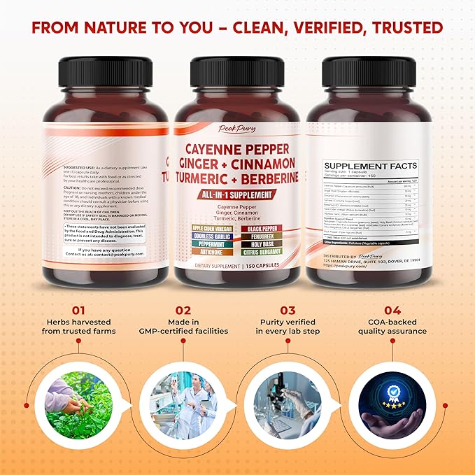 Cayenne Pepper Ginger Turmeric Berberine - Digestion, Gut Heath Support - Made in USA