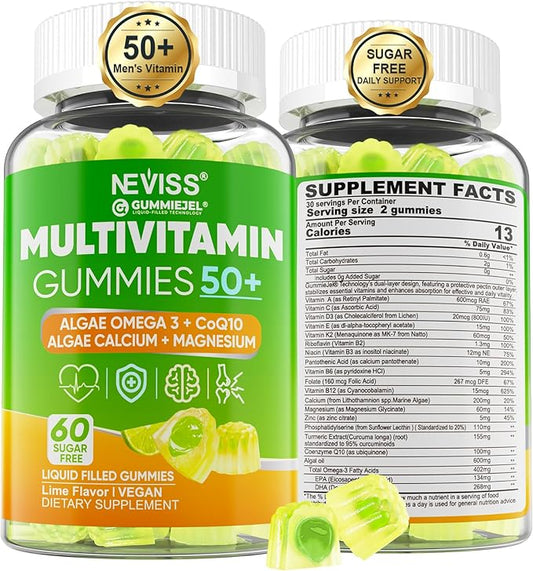 Multivitamin For Men 50 + Plus, Sugar Free Men Multivitamins Gummies w/Omega-3, Coq10, D3k2, Calcium, Magnesium, Zinc, Vitamins A, C & E, Mens Vitamins for 𝖧𝖾❤𝖱𝗍, Antioxidant, Brain, Bone, 60cts