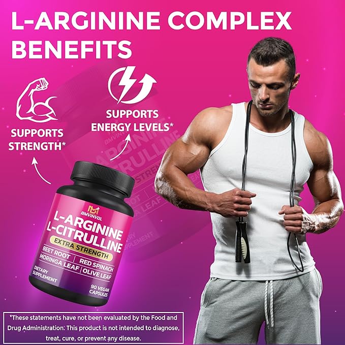 BMVINVOL L Arginine L Citrulline Supplement Plus Beet Root, Moringa, Olive, Red Spinach for Support Energy Levels - 90 Capsules