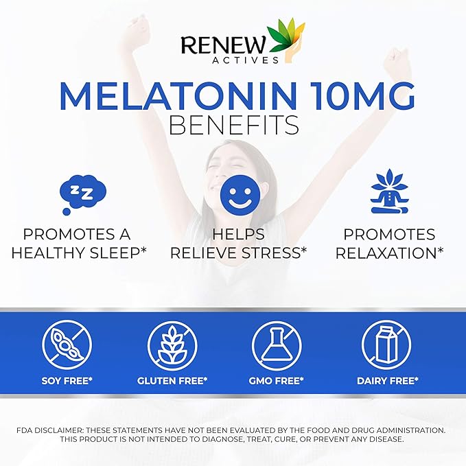 Renew Actives Melatonin 10mg per Serving – Promotes a Deeper, Longer & Ideal for Sleep Management, Jet Lag & to Reset Your Sleep Cycle - Made in Canada - 180 Tablets