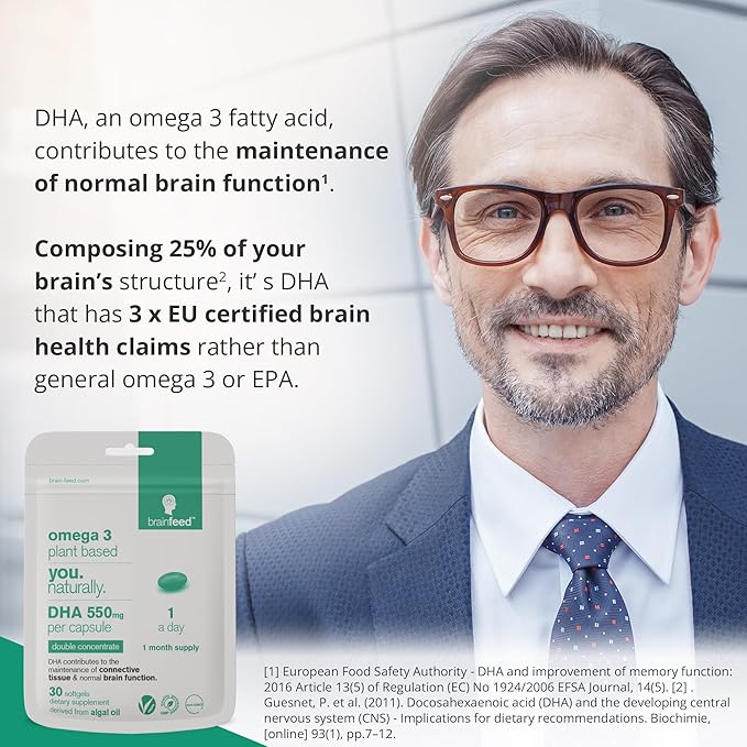 DHA Supplements (30) | Double Concentrate Omega 3 DHA 550mg PER Capsule - 1 a Day| Brain & Eye Health | Vegan DHA - Omega 3 Algae Oil | Sustainable DHA Capsules