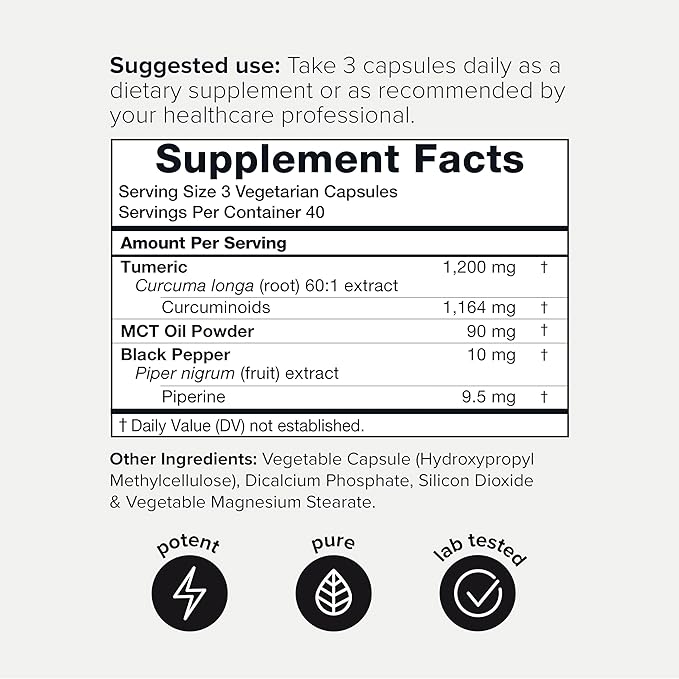 Turmeric Curcumin - Ultra High Potency 60:1 Extract with 97% Curcuminoids - 1200mg Per Serving - Black Pepper & MCT Oil for Enhanced Absorption - Third-Party Lab Tested - 120 Capsules