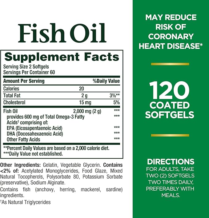 Nature's Bounty Fish Oil, Supports Heart Health, Dietary Supplement, 300mg Omega-3, 120 Coated Softgels