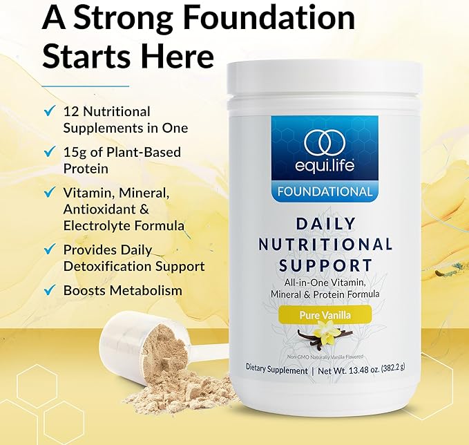 Equilife Daily Nutritional Support, All-in-one Multivitamin Meal Replacement, Pure Vanilla Flavor, with 15g Plant Protein, Supports Energy, Mood, Gut, and Skin Health (14 Servings Tub)