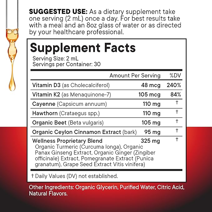 Cayenne Pepper Supplement Liquid Drops + Hawthorn Berry, Vitamin D3 K2 Beet Root Powder, Ceylon Cinnamon, Turmeric Curcumin, Organic Panax Ginseng - 8 oz