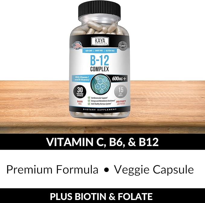 Kaya Naturals B-12 Complex | Multivitamin Supplement for Women & Men Energy and Metabolism Booster | B-Complex Vitamin with Biotin, Choline, Inositol, Folate, and Vitamin C - 30 Capsules