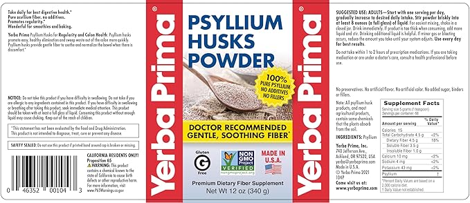 Yerba Prima Psyllium Husks Powder 12 oz - Natural Fiber Supplement - Colon Cleanser - Gut Health - Vegan, Non-GMO, Gluten-Free (New Label - Packaging May Vary)