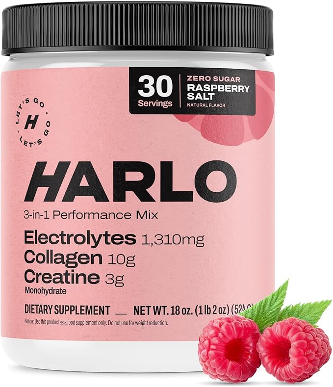 Harlo - Raspberry Salt Electrolyte Drink Mix with Bovine Collagen & Creatine- Creatine Monohydrate Powder - Energy Drink Powder - Pre Workout Powder - Sugar Free Energy Drinks - Post Workout Recovery