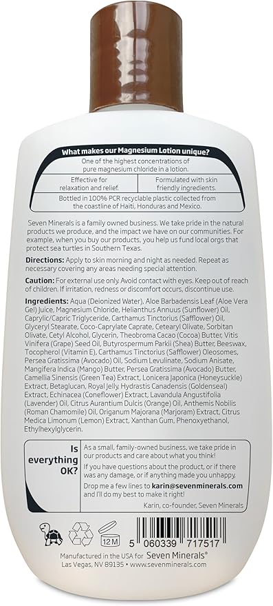 Seven Minerals Magnesium Lotion for Soothing Relief & Relaxation - Highly Concentrated Magnesium for Better Sleep, Feet & Joint Care. Non-Greasy Lotion with Skin Friendly Ingredients - 200ml