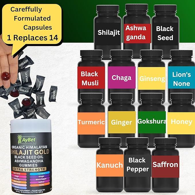 Organic Pure Himalayan Shilajit Gold Gummies for Men and Women, Black Seed Oil, Ashwagandha, Ginseng, Turmeric, Gokshura, Lion's None, Lab Tested,%75 Fulvic Acid, No Sugar Added, Halal, 90Gummy