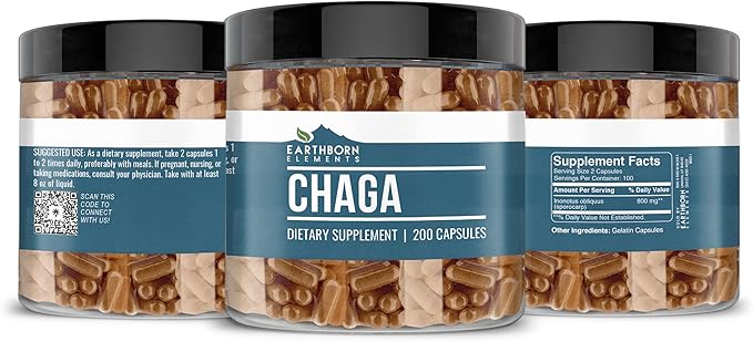 Earthborn Elements Chaga Mushroom Extract 200 Capsules, Pure & Undiluted, No Additives