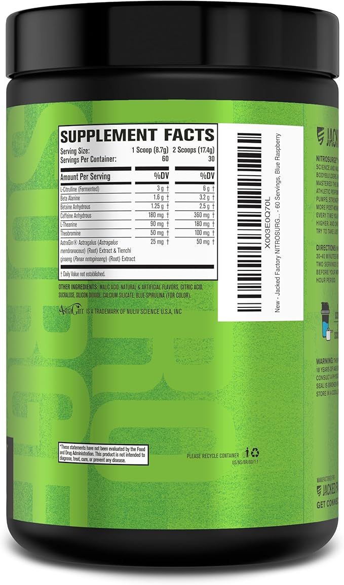 Jacked Factory NITROSURGE Pre Workout Supplement - Energy Booster, Instant Strength Gains, Clear Focus, & Intense Pumps - NO Booster & Powerful Preworkout Energy Powder - 60 Servings, Blue Raspberry
