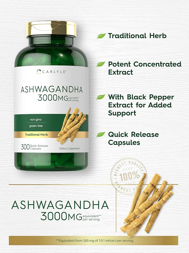 Carlyle Ashwagandha Supplement 3000mg | 300 Capsules | Root Extract Supplement | Non-GMO, Gluten Free