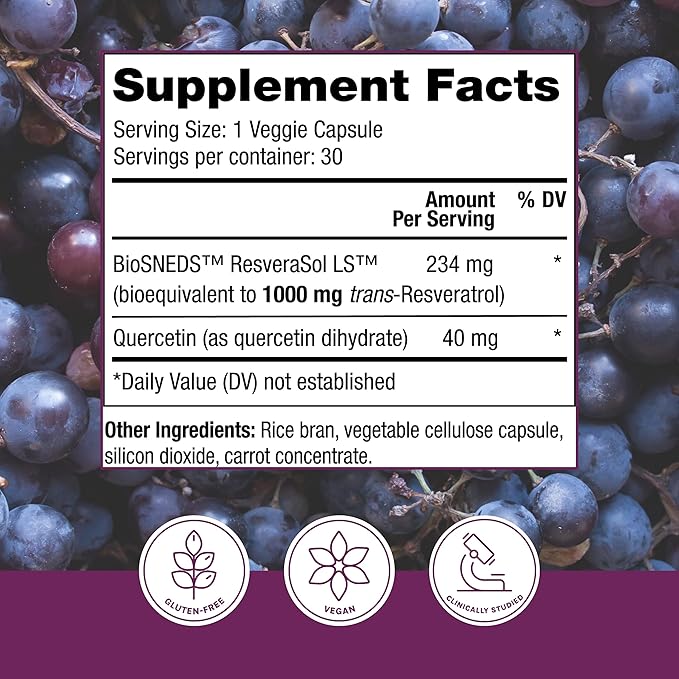 Reserveage Beauty Resveratrol Plus+ 1000 mg - Rapid-Release Resveratrol Capsules with Quercetin for Immune System, Brain Health & Cellular Health - Gluten-Free & Vegan - 30 Veggie Capsules