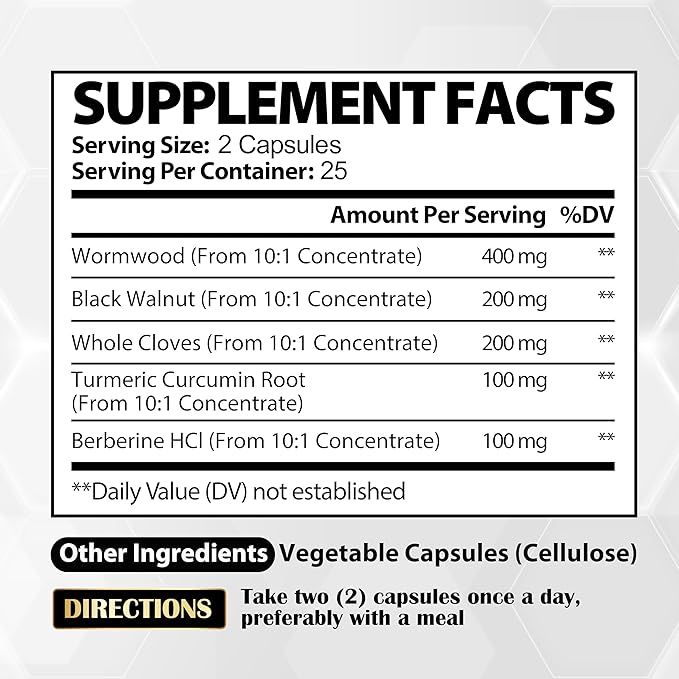 Satoomi [2 Packs - 50 Capsules - 5 in 1 Wormwood Capsules Supplement - Extracted from Black Walnut Whole Cloves Turmeric and Berberine HCl Immune System & Digestion Health