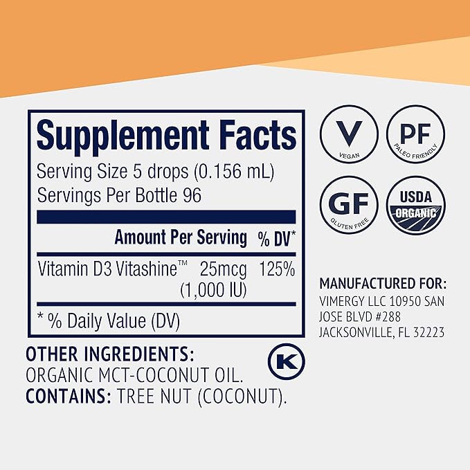 Vimergy Vegan D3 – Benefits Immune Function* – USDA Certified Organic, Vegan, Gluten-Free – 1000IU/Servings, 96 Servings