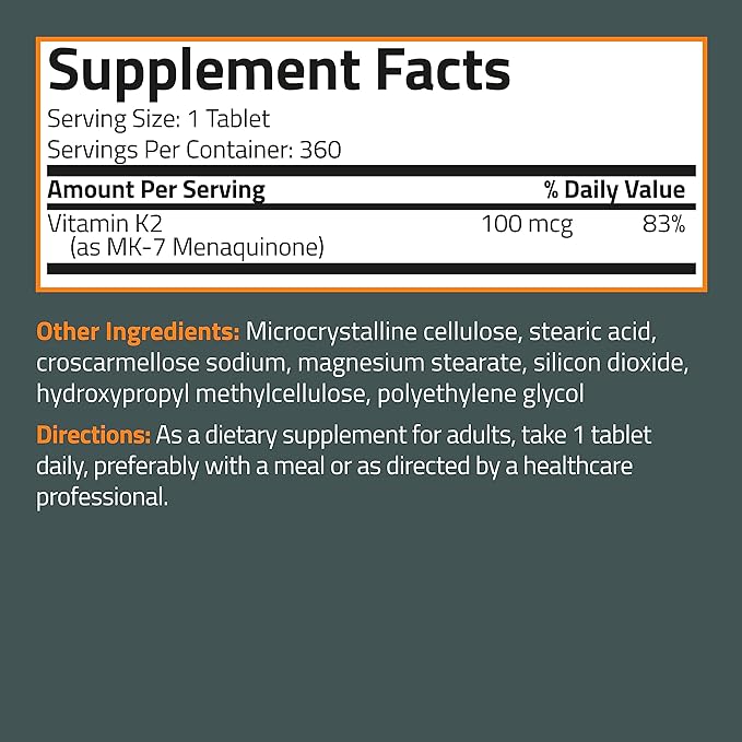 Bronson Vitamin K2 MK-7 100 MCG, K2 as MK7 Menaquinone, Bone Support 1 Year Supply, 360 Tablets