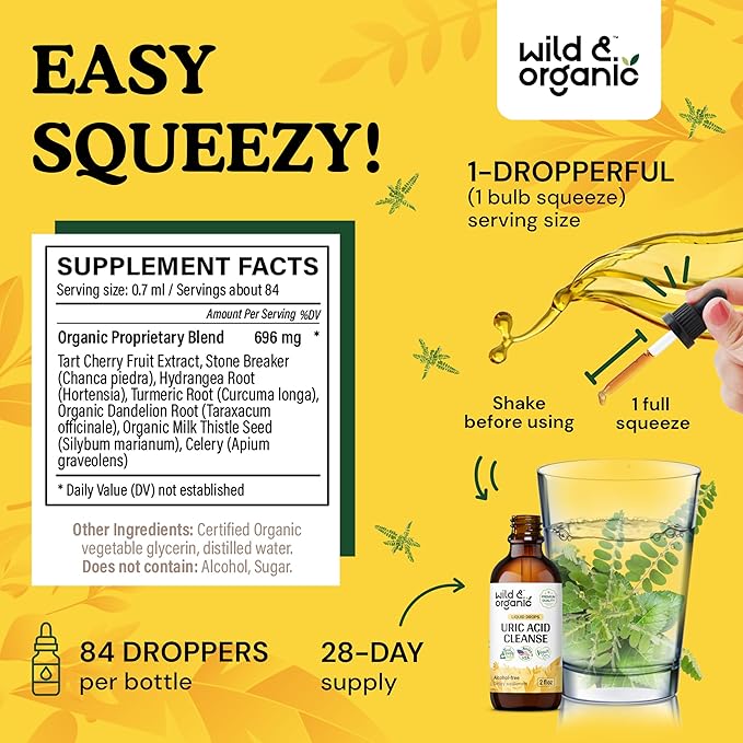 Wild & Organic Uric Acid Cleanse Drops - Tart Cherry, Turmeric, Chanca Piedra Stone Breaker Complex for Kidney Cleanse - Uric Acid Support Supplement - Vegan, Sugar & Alcohol-Free Tincture - 2 oz