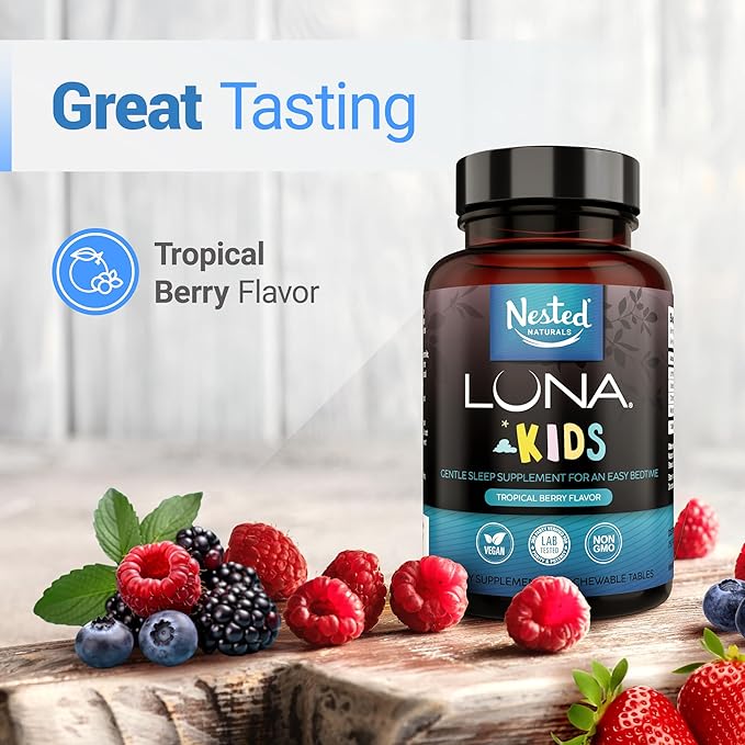 Nested Naturals Luna Kids Sleep Supplement - for Children & Melatonin Sensitive Adults - Gentle Herbal Supplement with Chamomile, Melatonin, & Valerian - 180 Chewable Tablets (60 Per Bottle)
