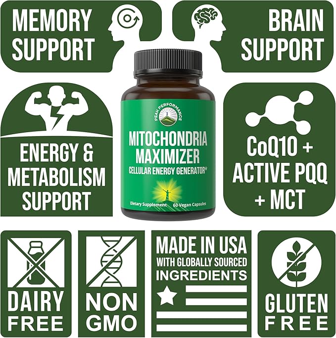Mitochondria Maximizer with CoQ10 and Active PQQ. Best Mitochondrial Support Supplement with MCT Oil. Natural Cellular Generator for Clean, Focused Energy 60 Vegetarian Capsules