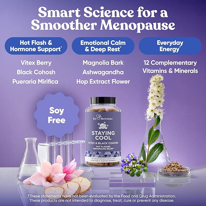 Eu Natural Staying Cool Menopause Supplements for Women – Hormonal Hot Flash Relief, Weight Support, & Night Sweats – Vitex Chaste Tree & Black Cohosh – 60 Vegetarian Soft Capsules