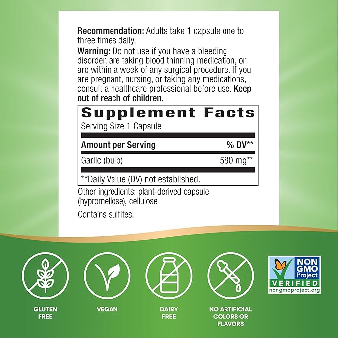 Nature's Way Garlic Bulb, Supports Heart Health*, Non-GMO Project Verified, 580 mg per Serving, Vegan, 100 Capsules (Packaging May Vary)