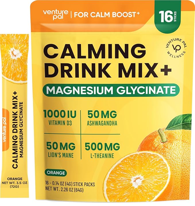 Venture Pal Magnesium Glycinate Powdered Calming Drink Mix with Ashwagandha, Vitamin D, L-Theanine, Lions Mane, Sugar Free Magnesium Supplement Blend for Calm, Relax & Focus, Non GMO, Vegan, 16 Sticks