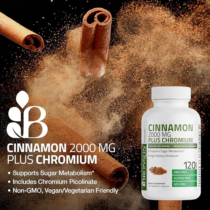 Bronson Cinnamon Plus Chromium Picolinate Supplement, High Potency Chromium, Non-GMO, 60 Vegetarian Capsules