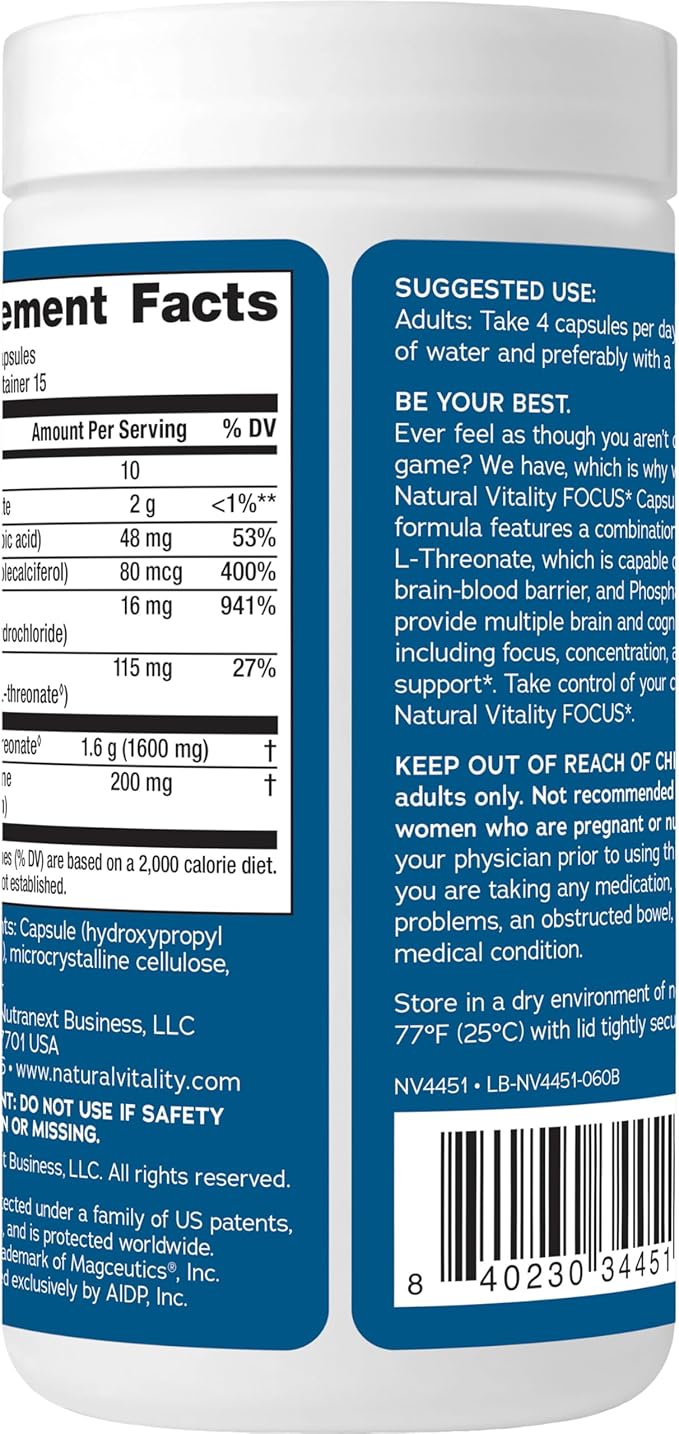 Natural Vitality Focus, Magnesium L-Threonate and Phosphatidylserine Nootropic Brain Supplements for Memory, Focus, and Cognition, Gluten Free, Vegetarian, 60 Capsules