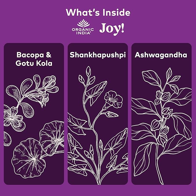 ORGANIC INDIA Joy Herbal Supplement - Immune Support, Promotes Memory & Concentration, Vegan, Gluten-Free, Kosher, USDA Certified Organic, Non-GMO, Calming - 90 Capsules