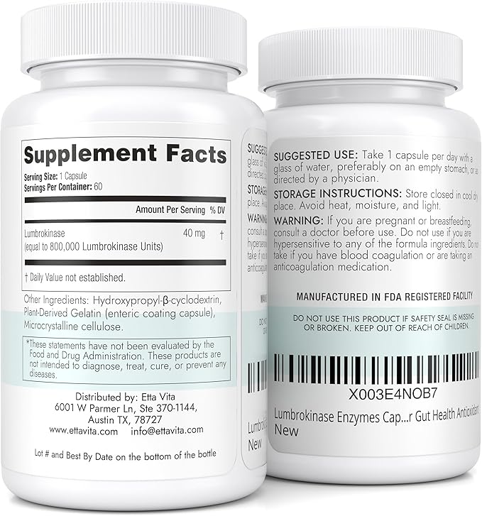Potent Lumbrokinase Supplement 40mg/Serving (Max Activity - 800,000 Units) - Lumbrokinase Enzymes Capsules for Energy Support, Digestion, Detox, Cognition & Gut Health - Similar to Nattokinase