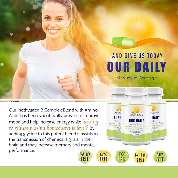 Our Daily Vites L-Methylfolate B Complex Cofactors & Essential Amino Acids (15mg) - Active Folate, Methylated B12 Methylcobalamin, B6 and Glycine - 60 Count
