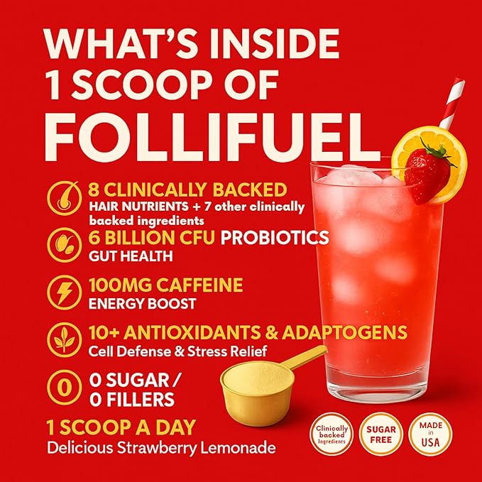 Follifuel Hair Growth Powder Drink Mix for Women & Men | 3-in-1 Hair, Gut & Energy Support | Biotin, Zinc, Caffeine & Saw Palmetto | Hair Vitamins for Thinning Hair | Strawberry Lemonade | 30 Servings