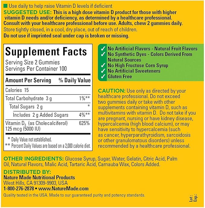 Nature Made Extra-Strength Vitamin D3 5000 IU (125 mcg) Gummies (200 Count)