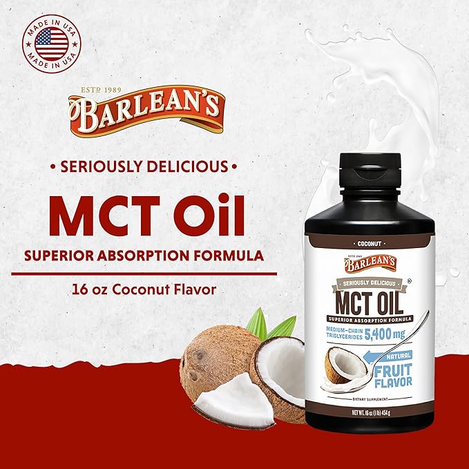 Barlean's MCT Oil Supplement, Coconut Flavored for Keto Coffee, Emulsified Creamy Liquid Syrup with 5,400mg Plant-Based MCT's to Support Energy, Focus and Wellness, 16 oz
