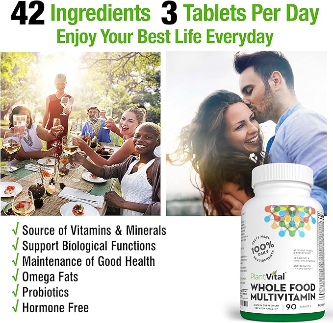 Plantvital Whole Food Multivitamin - Multivitamins with 42 Superfoods Raw Veggies and Fruits Vitamins Earth Energy Fruits and Veggies Supplement Pure Fruit and Vegetable Supplements - 90 Tablets