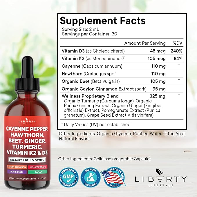 Cayenne Pepper Supplement Liquid Drops + Hawthorn Berry, Vitamin D3 K2 Beet Root Powder, Ceylon Cinnamon, Turmeric Curcumin, Organic Panax Ginseng - 4oz