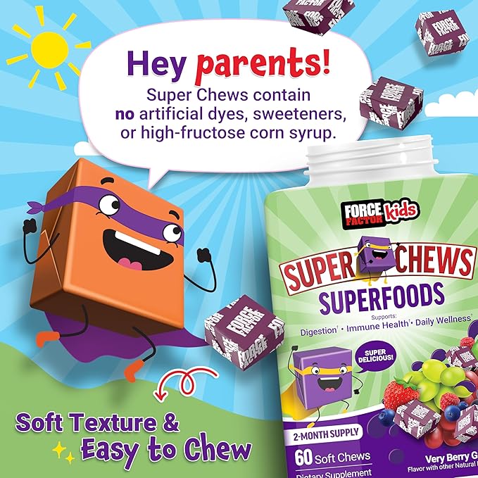 FORCE FACTOR Kids Superfood Super Chews, Kids Vitamins C & D, Immune Support Supplement with Antioxidant Support from Powdered Fruits & Veggies, 2-Month Supply, Very Berry Grape Flavor, 60 Soft Chews