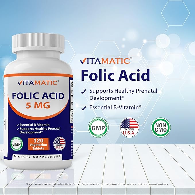 Vitamatic Folic Acid 5mg (5000 mcg) – 120 Vegetarian Tablets per Bottle | Pack of 2 (Total 240 Tablets) Vitamin B9 (Folate) | Supports Heart Health, Brain Function, and Prenatal Wellness