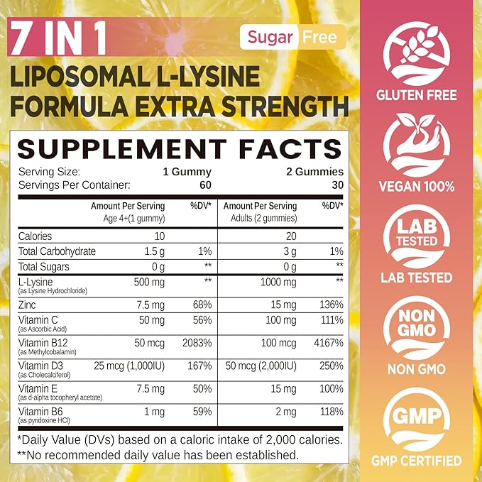 Liposomal L-Lysine Gummies 1000mg, Lysine Chewable Supplements for Kids & Adults, Lysine with Zinc & Vitamins, Lips & Oral Health, Immune Support, Sugar-Free, Lemon Flavor, 60 Ct