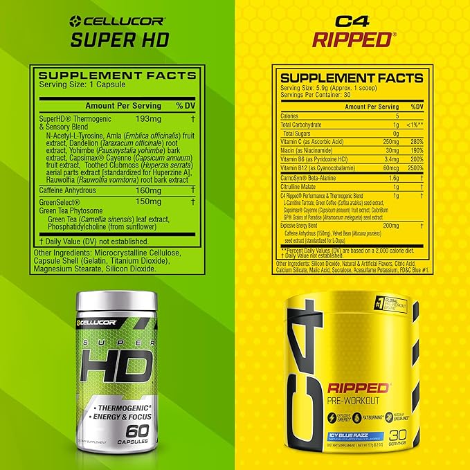 C4 Ripped & SuperHD, The Thermogenic Bundle, C4 Ripped Pre Workout Powder, ICY Blue Razz 30 Servings + SuperHD with Capsimax and Green Tea Extract, 60 Servings