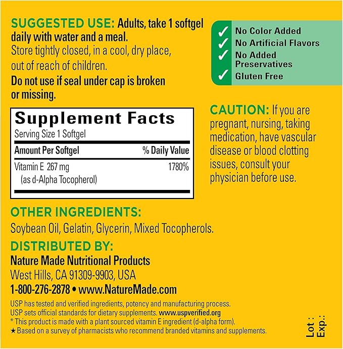Nature Made Vitamin E 267 mg (400 IU) d-Alpha, Dietary Supplement for Antioxidant Support, 100 Softgels, 100 Day Supply