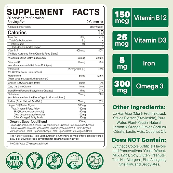 Vegan Multivitamin for Women & Men with Methyl Vitamin B12, D3 K2, Plant Based Omega 3 (DHA+EPA), Iron, Choline, Zinc, Whole Food Daily Vitamins Gummies for Vegans & Vegetarians, Sugar Free, 60 Counts