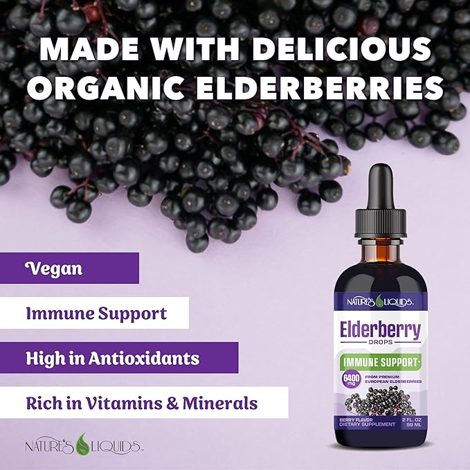 Nature's Liquids Organic Elderberry Syrup Sugar Free | Immune Support for Kids and Adults | 1 Serving Equals 60 Elderberries (2 Fl Oz)