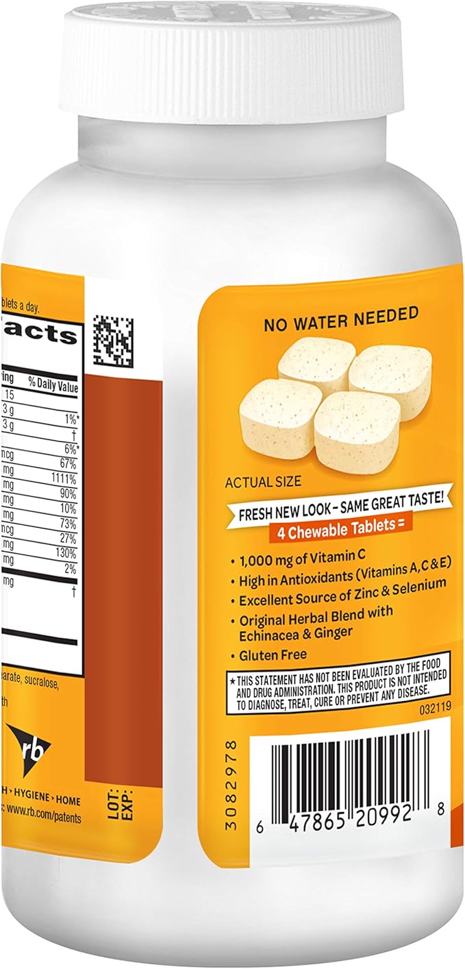 Airborne Vitamin C 1000mg (per Serving) - Citrus Chewable Tablets (116 Count in a Bottle), Gluten-Free Immune Support Supplement, with Vitamins A C E, Zinc, Selenium, Echinacea, Ginger, Antioxidants
